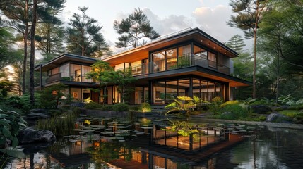 Modern architectural home surrounded by lush greenery, reflecting beautifully in a tranquil pond.