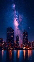 Obraz premium Stunning Nightscape Urban Skyline Stars Reflection Milky Way Lights | AI Generated