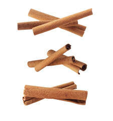 Set of dry sticks of cinnamon close up on a transparent background
