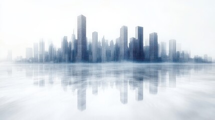 Fototapeta premium Misty skyline of a modern city reflecting on a calm water surface during dawn