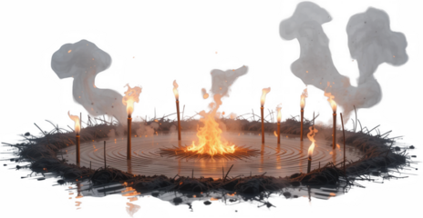 Mystical Burning Circle Ritual Flames Smoke and Water Reflection