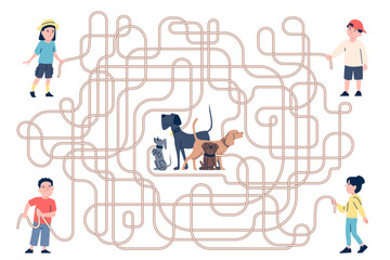 Maze game with children. Flat kids holding dog walking leash. Find right pet owners, childish educational play for lesson or free time. Recent vector template