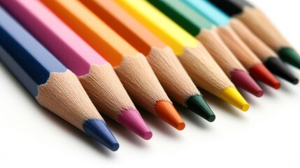 Fototapeta premium A vibrant array of colored pencils lined up in a row, showcasing a spectrum of hues, Perfect for educational materials, art supplies advertising, or creative project illustrations,