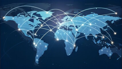 Global network visualization with illuminated map and connection lines representing technology and communication with copy space