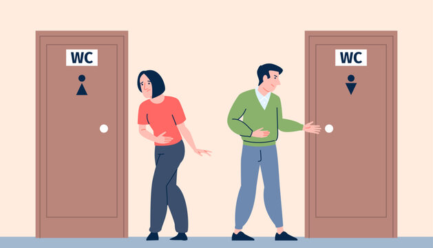 Male female waiting toilet. People need poo or pee and wait near door in public toilets. Restroom wc in cafe theater mall airport, recent vector characters