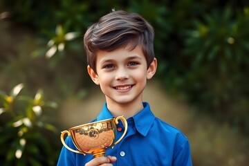 Happy schoolboy holds trophy. Celebrates winning school competition in uniform. Excited child displays confident expression. Outdoor setting in village. Schoolboy proud of achievement