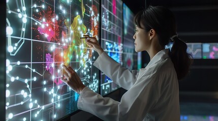A data scientist interacting with a digital AI interface to analyze and visualize large datasets.

