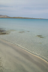 beach and rocks, La Pelosa beach. Stintino, Sassari, Sardinia, Italy.