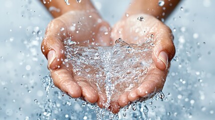 Cupped hands holding clear water isolated close-up natural environment serenity