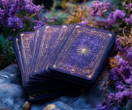 purple tarot cards purple flowers 