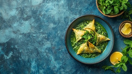 Delicious Golden Samosas Served with Green Chutney and Mint Leaves