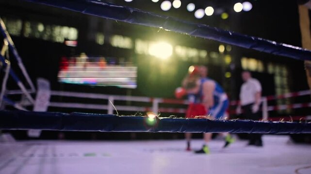 A competitive boxing match in a lively arena, emphasizing the intense action and skill of the athletes, with the ring ropes in focus. Boxing background