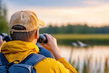 Fototapeta premium Birdwatchers observe migratory birds at golden hour near a calm lake in a serene natural setting