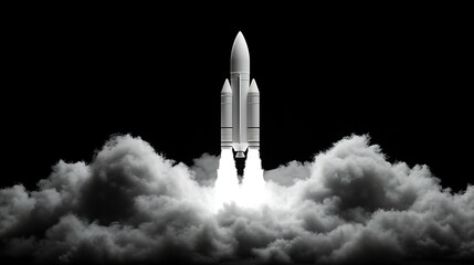 Rocket Launching into Space at Night, A rocket launching into space with smoke and flames, set against a dark sky