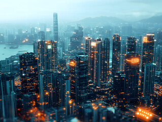 Fototapeta premium Modern Urban Skyline at Night Illuminated by Ambient Orange Lights