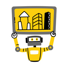 A flat style illustration of robot architect holding construction map