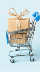 Small shopping cart with gift box; online shopping; light blue background; possible use for e-commerce