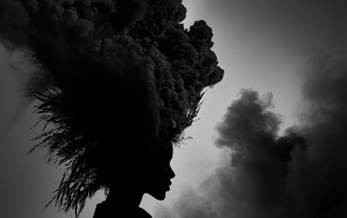 Creative silhouette of a woman with clouds resembling hair against a dark background in a surreal artistic representation