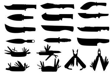 Black knives silhouettes. Survival knife multitools different shapes. Tourism, camp on wild nature, hiking or hunting equipment icons, nowaday vector set