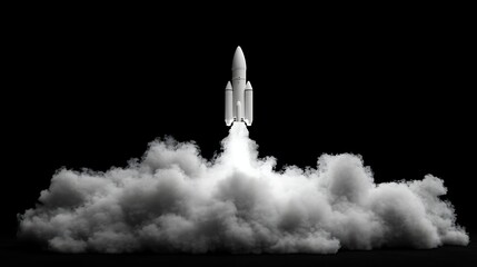 Naklejka premium Rocket Launching into Space at Night, A rocket launching into space with smoke and flames, set against a dark sky