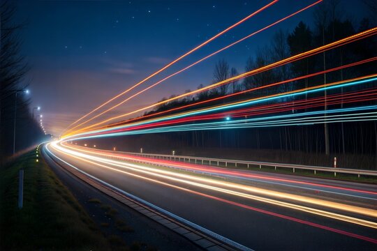 Colorful light trails on a highway at night