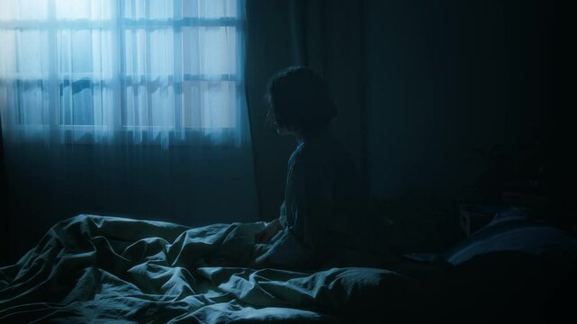 Young woman with dark short hair waking up from sleeping in her bed, raising her arms in front of her and sleepwalking in her bedroom at night