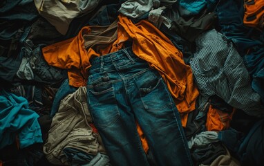 Clothes scattered across the floor creating a vibrant and chaotic display of colors and textures