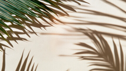 Obraz premium Beige surface with palm tree shadow, creating a tropical and summery vibe for beauty and skincare products