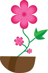 A digital illustration of a pink flower with green leaves growing from a brown pot on a white background