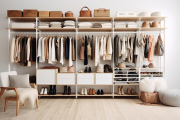 A beautifully organized wardrobe that showcases a minimalistic design with a range of soothing neutral colors