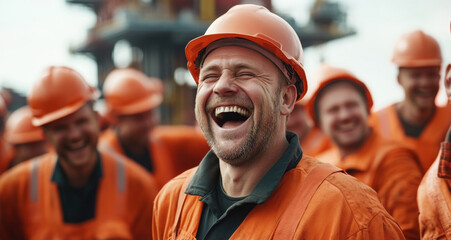 Workers in bright orange uniforms are laughing and enjoying their time together on a construction site during the day