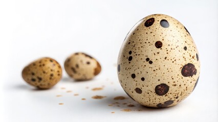Obraz premium Close-up of Three Quail Eggs, Shallow Depth of Field, Speckled Shell, White Background, Macro Photography Quail eggs, macro photography