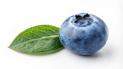 Obraz premium Close-up Single Blueberry with Leaf, White Background, Macro Photography, Nature Blueberry, Macro photography