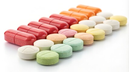 Colorful Pills and Capsules Composition Close-up view of assorted tablets and capsules arranged in rows, showcasing a vibrant color gradient. Medication, Pharmacy Medication, Pharmacy