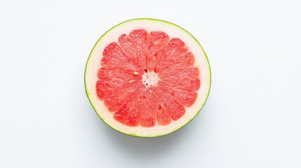 A freshly cut half grapefruit showcases its vibrant pink flesh and textured rind, emphasizing its juicy and refreshing appeal.