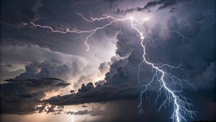 Dramatic Cloud-to-Ground Lightning Strike Wide Composition, Intense Light, Stormy Sky, Nature Photography Thunderstorm, Lightning photography