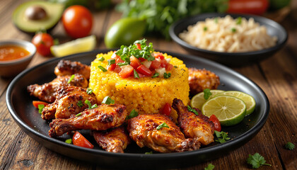 Fototapeta premium Vibrant Caribbean meal with grilled chicken and rice, culinary delight