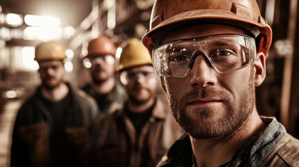Workers wearing safety glasses and helmets engage in collaborative tasks within an industrial facility, emphasizing safety and teamwork
