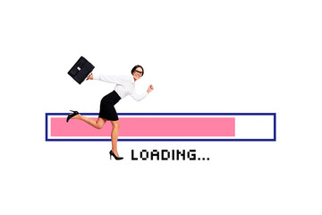 Art 3d sketch collage of happy businesswoman run loading icon development download success career achievement carry briefcase