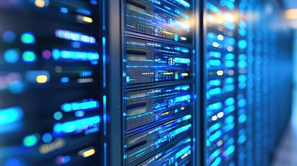 A close-up of futuristic server racks with glowing blue lights represents cloud computing, cybersecurity, and data processing. Ideal for IT, networking, and digital infrastructure concepts