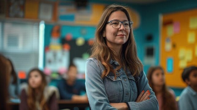 In a colorful classroom, a confident teacher guides a discussion while students listen attentively, creating an interactive learning atmosphere