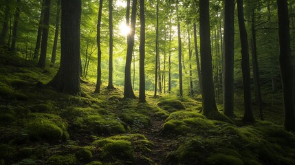 Obraz premium Sunlit forest path with moss.