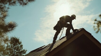 A skilled worker is repairing a roof while silhouetted against the sun in a peaceful residential area surrounded by trees