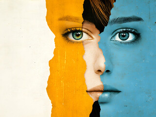 Creative Collage of Half Faces with Yellow and Blue Color Tones
