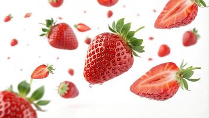 Floating Strawberries Close-up Composition of Juicy Red Berries, Food Photography, White Background Strawberry, Food Photography
