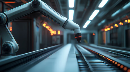 Fototapeta premium A robotic arm is positioned over a conveyor belt in a futuristic industrial setting with ambient lighting.