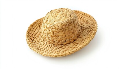A stylish straw hat rests elegantly on a clean white surface, showcasing its texture and design in a minimalistic setting.