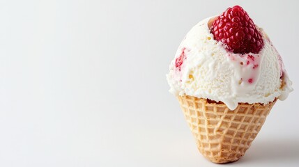 A delectable waffle cone topped with a vibrant raspberry, showcasing a delightful combination of textures and colors.
