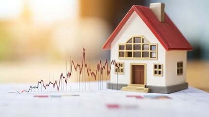 A model house on a financial report with rising graphs, symbolizing real estate market trends