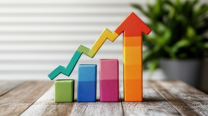 Colorful bar graph representing growth on a wooden table with a plant in the background